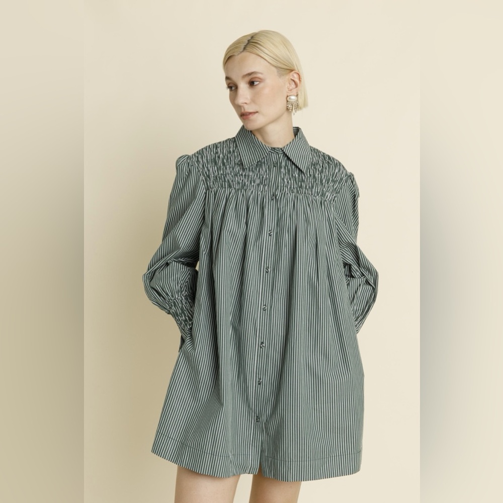 AUREUM Green and White Striped Smocked Yoke Button-Up Shirt Dress